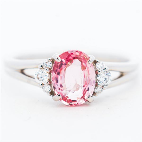 Pt900 1.535ct Padparacha Sapphire & .13ctw Natural Diamond Ring, sz 8 w/Cert