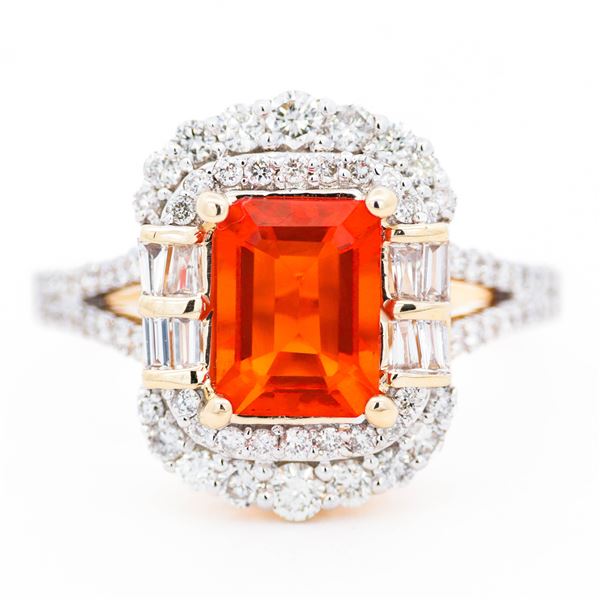 14KYG 1.18ct Mexican Fire Opal and .78ctw Diamond Ring, Size 7.25