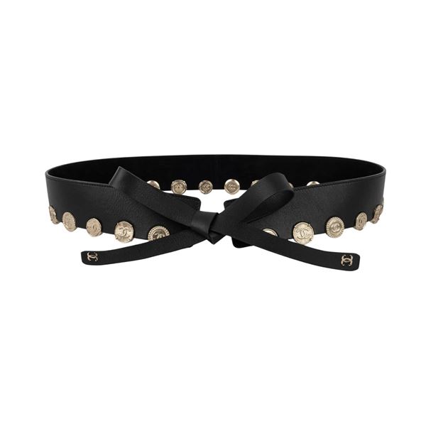 Chanel A 2022 Collection Black Leather Belt w/Champagne Metal