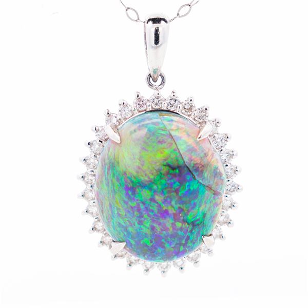 Pt900/950 6.36ct Black Opal & 0.57ctw Natural Diamond Necklace 18"