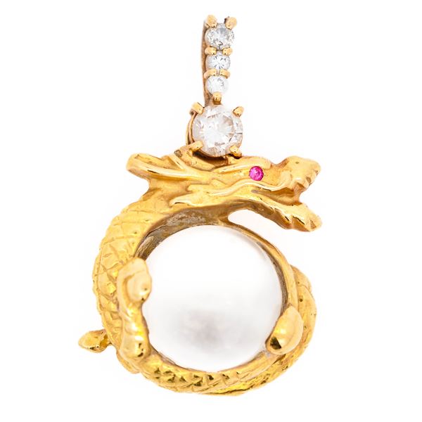 Dragon-and-Pearl Pendant, 18KYG with Cabochon Crystal, Ruby Eye & Diamonds