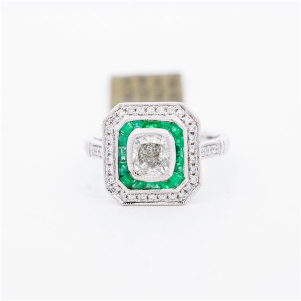 Pt950 Art Deco 0.96ct Cushion Cut Natural Diamond 1.18ctw Dia. / 0.33ctw Emerald Ring, 6.25