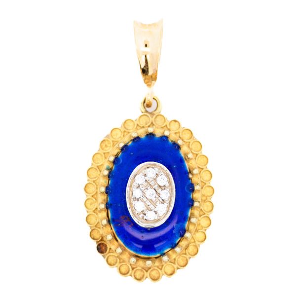 18KYG Vintage Enameled Oval Pendant w/ Diamonds