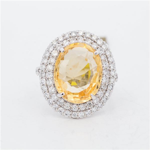 Platinum 950 GIA Certified 10.26ct Sri Lanka No Heat Yellow Sapphire & 1.69ctw Diamond Ring, 6