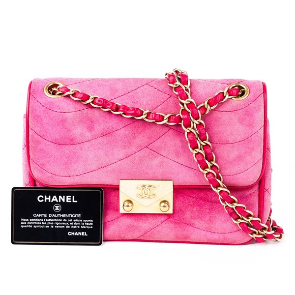Chanel 22-Series Pushlock Flap Shoulder Bag with Auth. Card â€“ Pink Suede & Leath