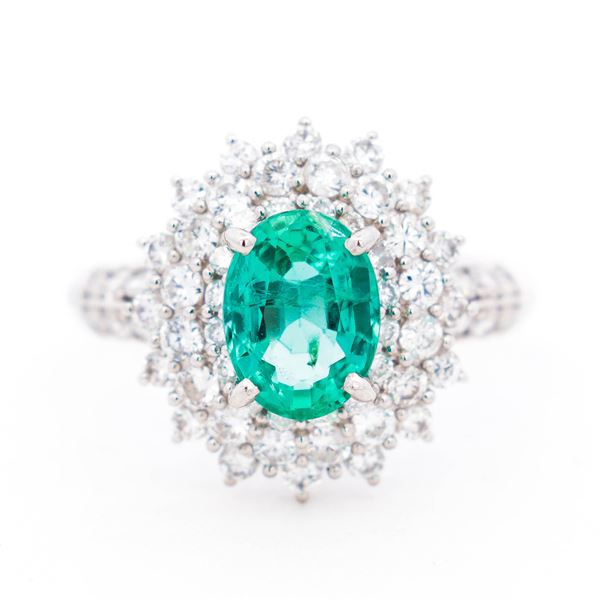 Pt950 GIA 1.32ct Zambian Emerald & 1.03ctw Natural Diamond Ring, 5.75
