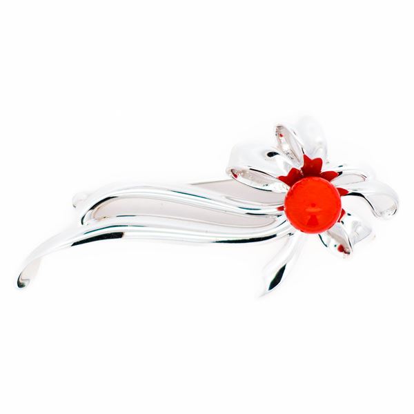Vintage Floral Red Coral Cabochon Brooch â€“ Sterling Silver, 8.5 mm Stone