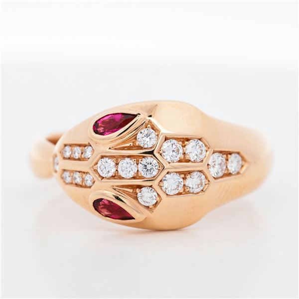 18KRG Bvlgari Serpenti Seduttori 0.75ctw Diamond & Rubellite Snake-Head Ring, 7.25