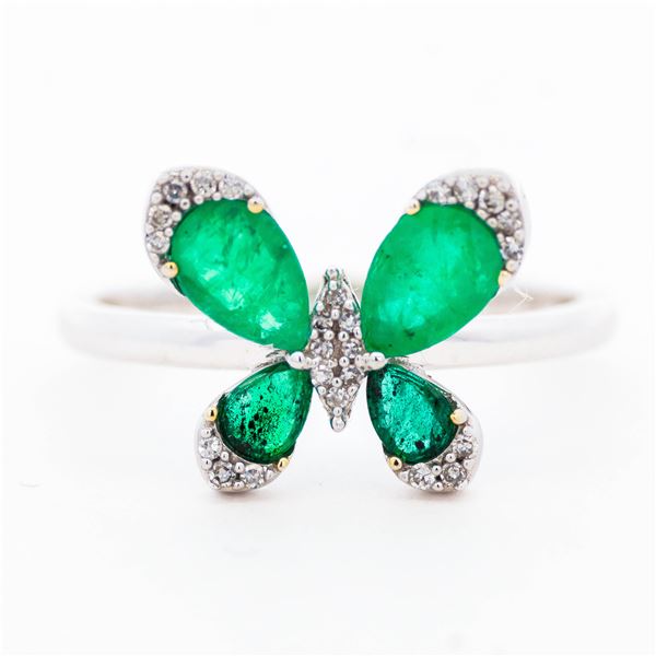 14KYG 1.10ctw Emerald and Diamond Butterfly Ring, Size 7.25