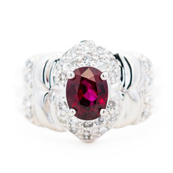 GIA Platinum Oval Brilliant 1.23ct Ruby & 0.27ct Natural Diamond Ring, Size 6
