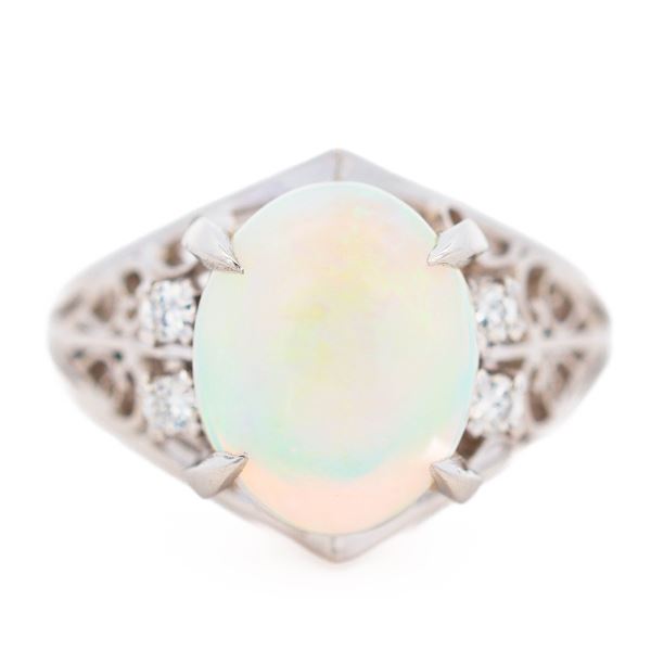 Pt900 2.27ct Natural Cabochon Opal & Diamond Filigree Ring, size 5