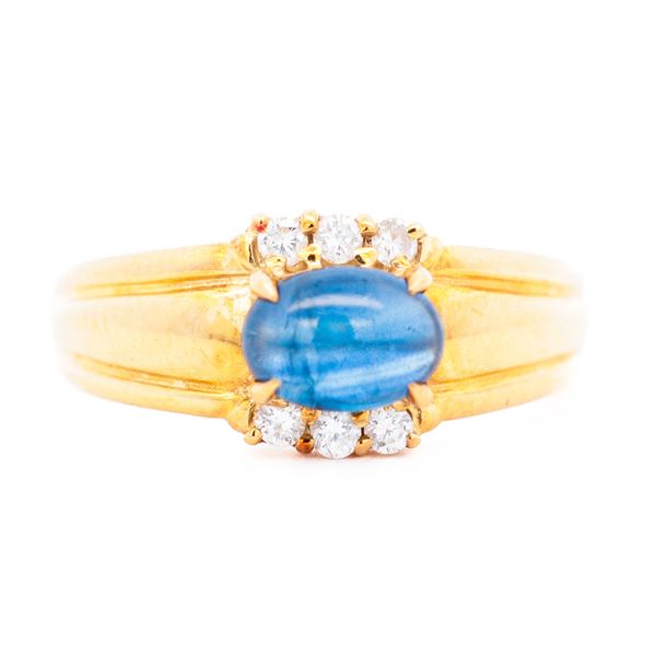 18KYG Cabochon 1.23ct Blue Sapphire & Diamond Half-Bezel Ring, 5.75