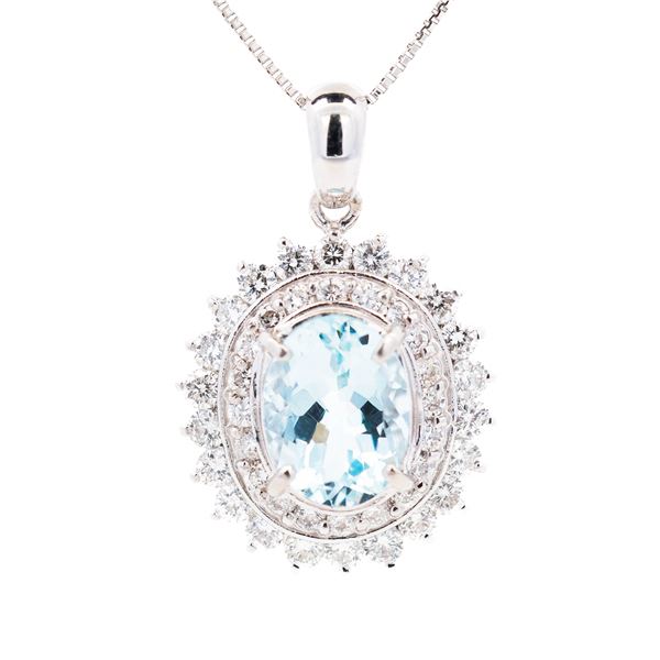 Beautiful Platinum 1.60ct Aquamarine & 0.81ctw Natural Diamond Halo Necklace 18"