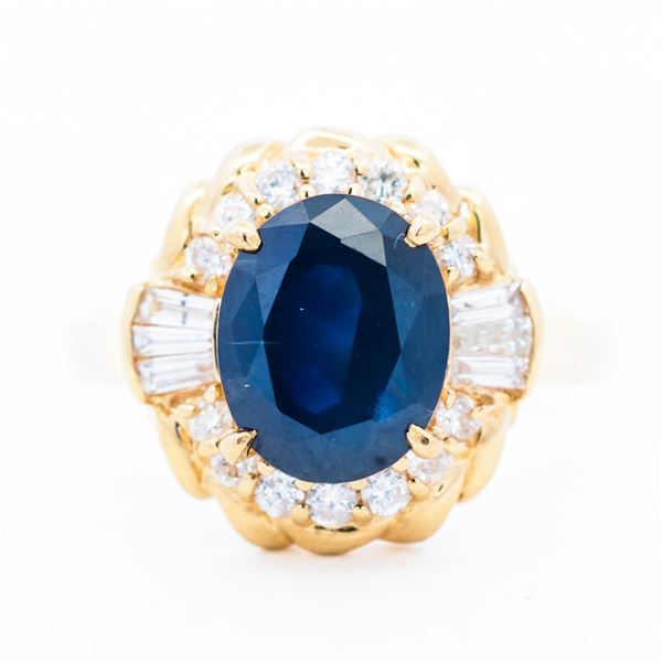 18KYG 3.68ct Sapphire & 0.50ctw Diamond Cocktail Ring, Size 7.25