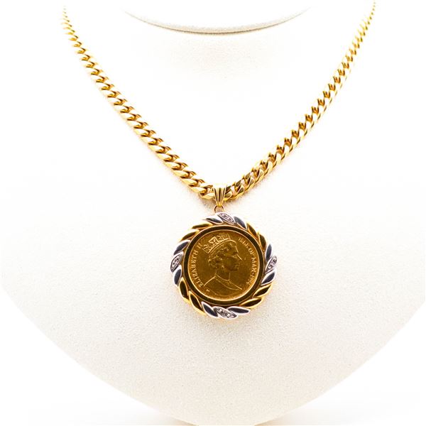 18/24K Elizabeth Isle of Man Cat 1/5 oz Gold Coin & 0.06ct Diamond Chain Necklace 63.6 Grams