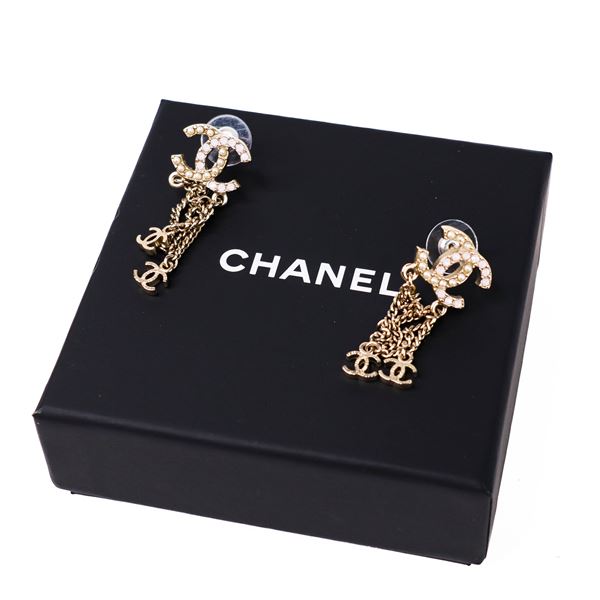 Chanel 2021 Goldâ€‘Tone, Costume Pearl & Rhinestone Charm Earrings w/Box