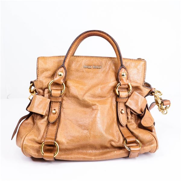 Miu Miu Honey Brown Vitello Lux Leather Bow Satchel