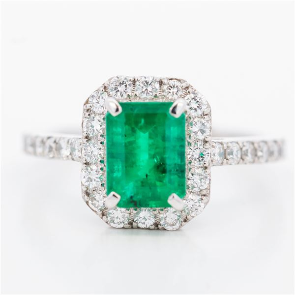 GIA Platinum 1.63ct Colombian Emerald & 0.67ctw Diamond Halo Ring, 7