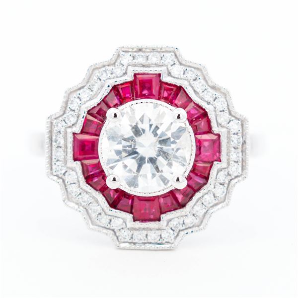 Pt950 Art Deco Style 1.28ctw/1.07ctr RBC & .95ctw Ruby Ring, 6.25