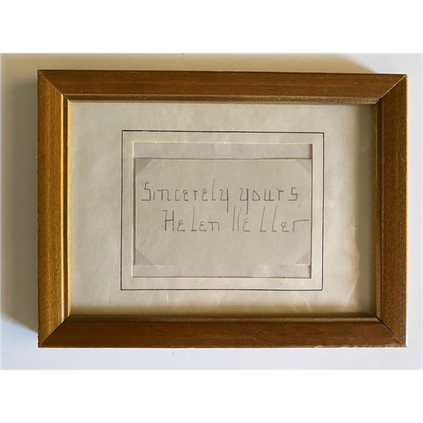 Author Helen Keller signed note in custom frame