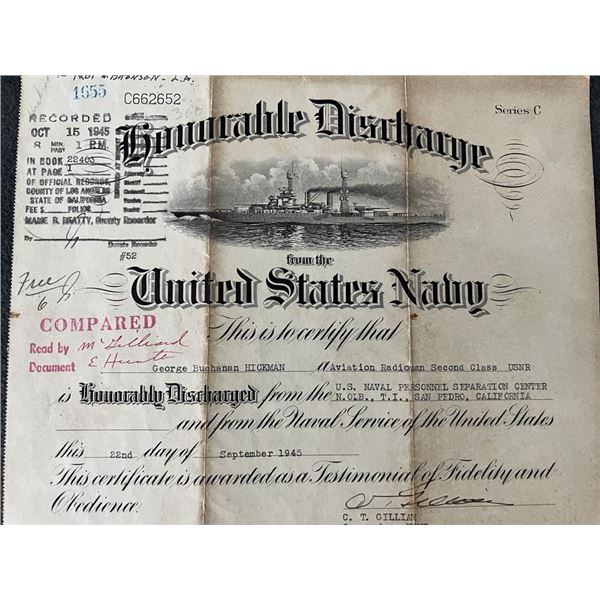 1945 United States Navy Honorable Discharge Certificate