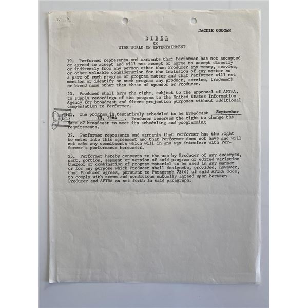 The Addams Family Uncle Fester Jackie Coogan signed contract