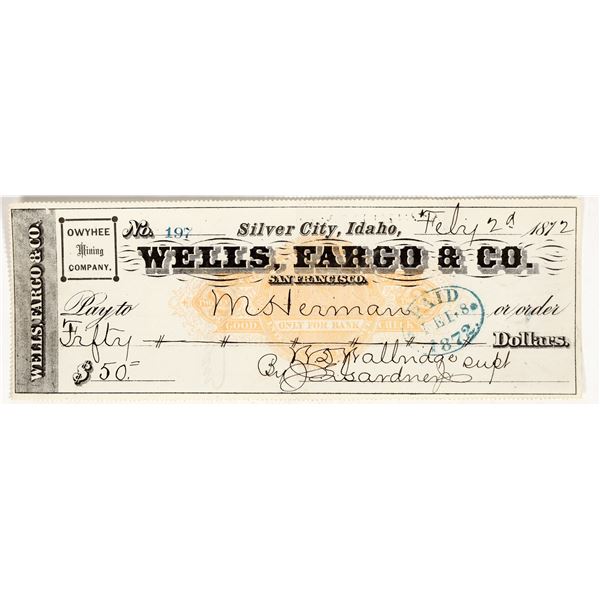 Owyhee Mining Company Revenue Check, Silver City, Idaho, 1872 [200799]