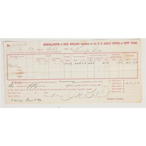 Memorandum of Gold Bullion, New York Assay Office, Montana Gold Deposit, 1875 [201371]