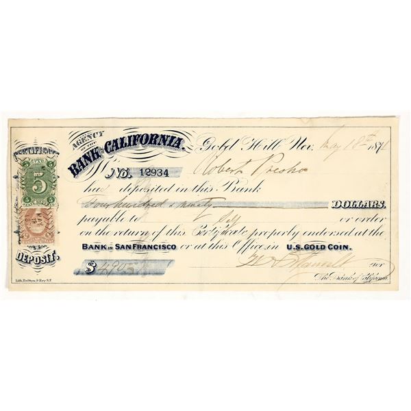 Bank of California, Gold Hill, Nevada Deposit Slip with Nevada Revenue Stamp [200794]