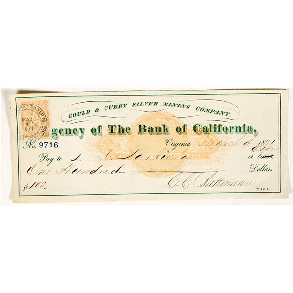 Virginia City, Nevada Mining Check Issued to TD Parkinson (Famous GT Brown Comstock Map) [200354]