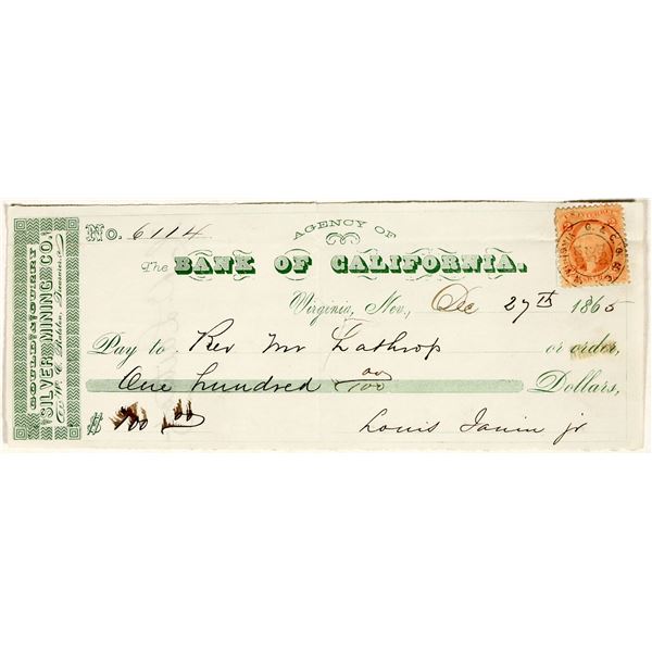 Virginia City, Nevada Mining Check Issued to Prominent Gold Hill Religious Figure [200356]