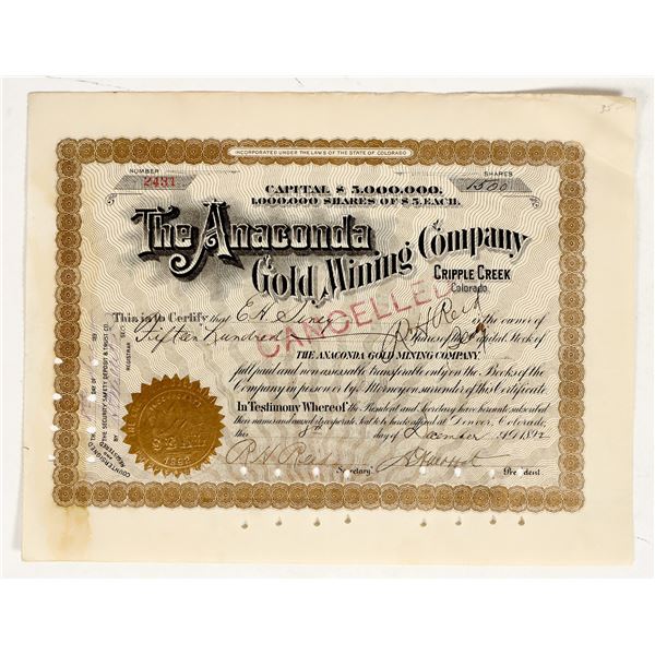 The Anaconda Gold Mining Co. Stock signed by Moffat [200198]