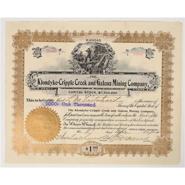 Klondyke-Cripple Creek & Galena Mining Company Stock Certificate, 1900 [200839]