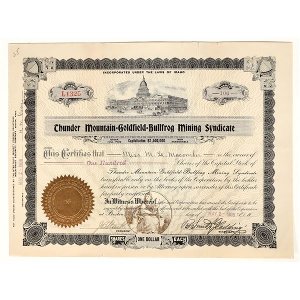 Thunder Mountain-Goldfield-Bullfrog Mining Syndicate Stock Certificate [200306]