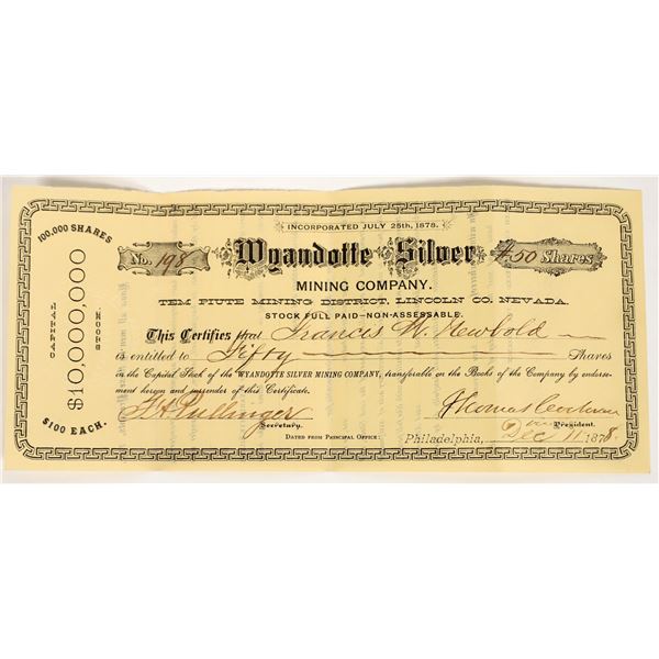 Wyandotte Silver Mining Co. Stock Certificate, Tempiute, Nevada, 1878 [202710]
