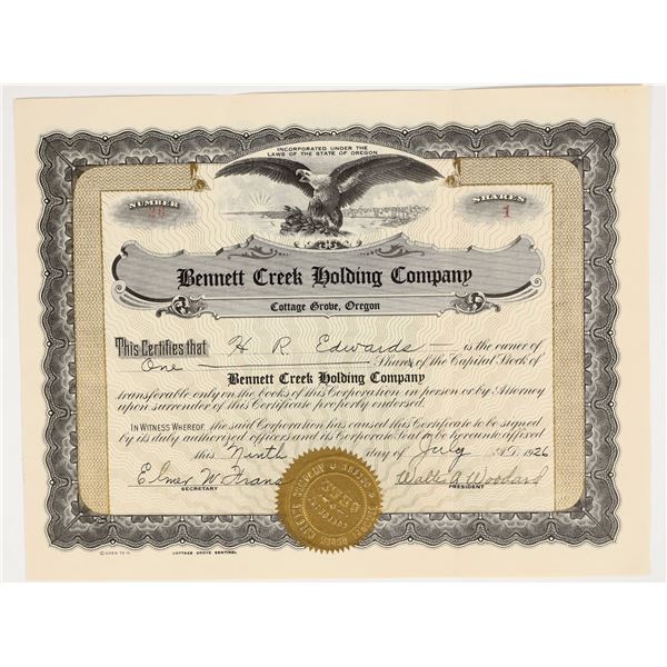 Bennett Creek Holding Company Stock Certificate, 1926 [201688]