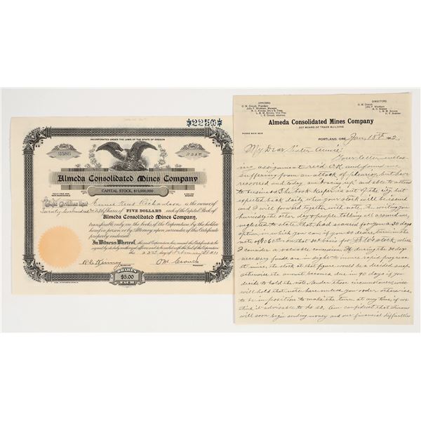 Almeda Consolidated Mines Company Stock Certificate and Letter [201707]