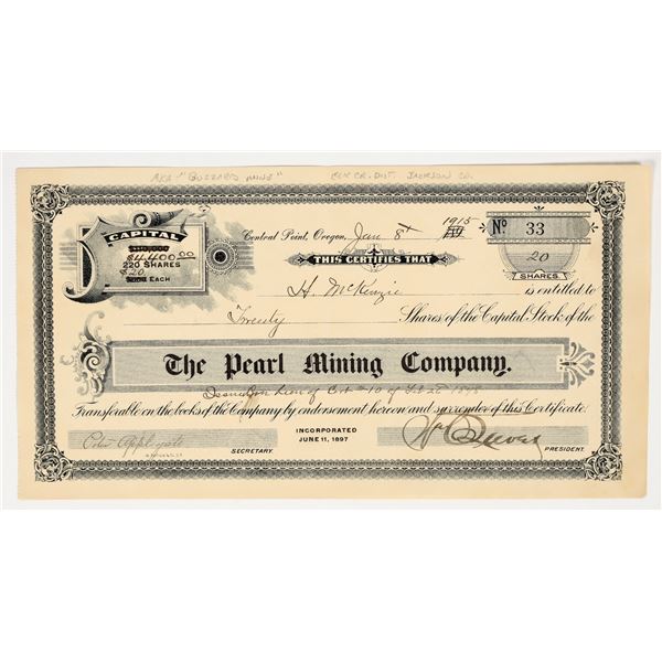 Pearl Mining Company Stock Certificate, 1915 [201708]