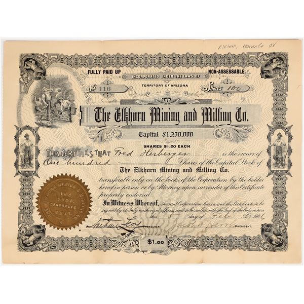 Elkhorn Mining & Milling Company Stock Certificate, 1906 [201716]