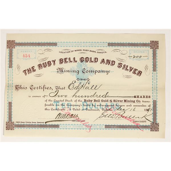 Ruby Bell Gold & Silver Mining Company Stock Signed by Seth Bullock [200329]