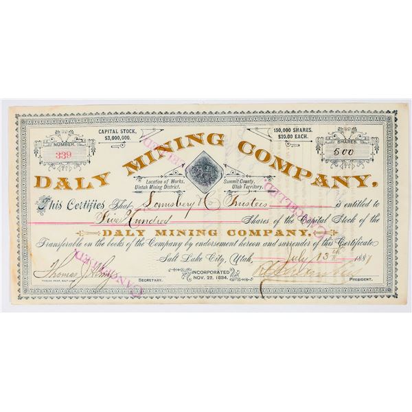 Daly Mining Company Stock Certificate, 1887, Issued to Hearst Partner Lounsbery [200873]