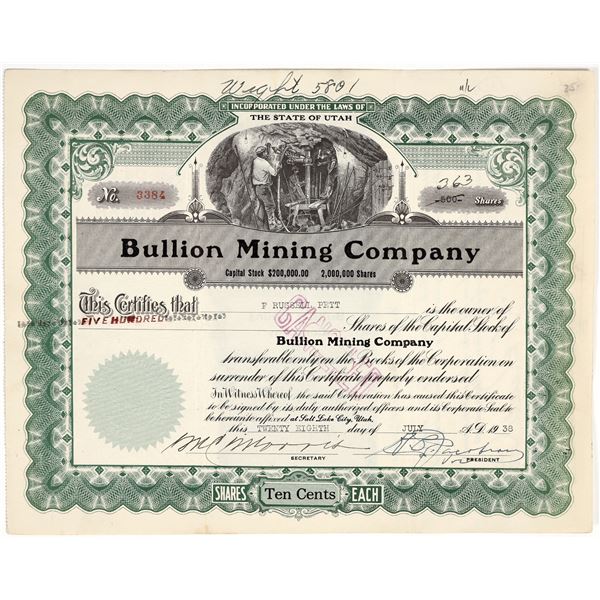 Bullion Mining Company Stock Certificate, 1938, Tintic, Utah [201698]