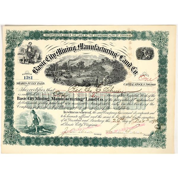 Basic City Mining, Manufacturing & Land Co. Stock Certificate [201749]