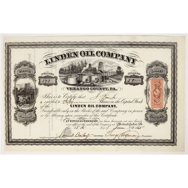 Linden Oil Company Stock Certificate, 1865 [200820]