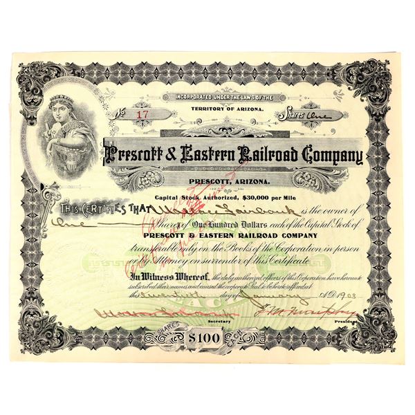 Prescott & Eastern Railroad Company Stock Certificate, 1903 [201793]