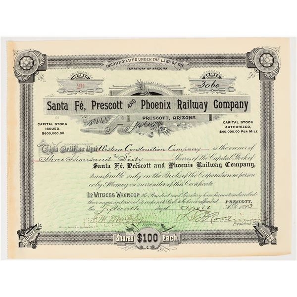 Santa Fe, Prescott & Phoenix Railway Company Stock Certificate, 1893 [201785]