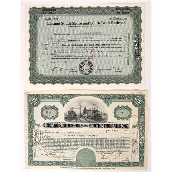 Chicago South Shore & South Bend RR Stocks 1926 1945 2 certs [176029]