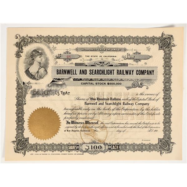Barnwell & Searchlight Railway Company Stock Certificate, Unissued [201788]