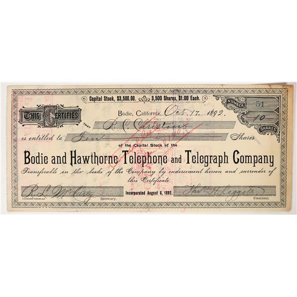 Bodie & Hawthorne Telephone & Telegraph Co. Stock Certificate, 1892 [200837]