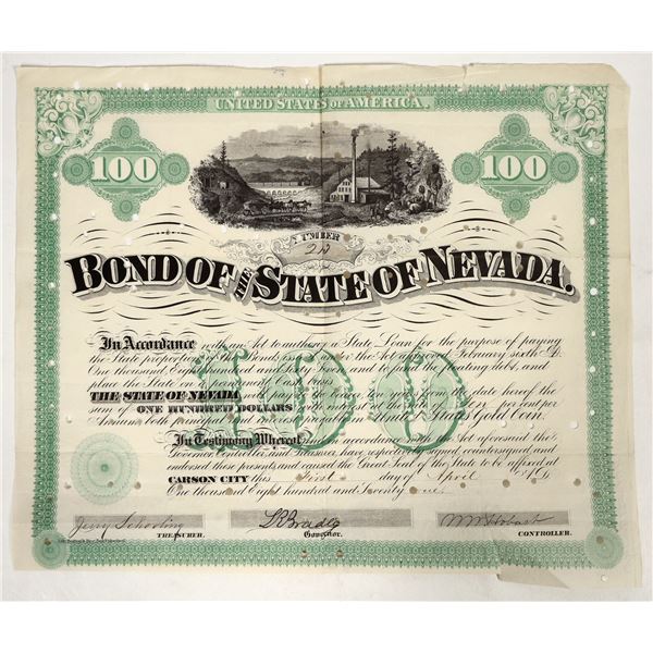 $100 State of Nevada Bond, 1871, Signed by Governor Bradley [202473]